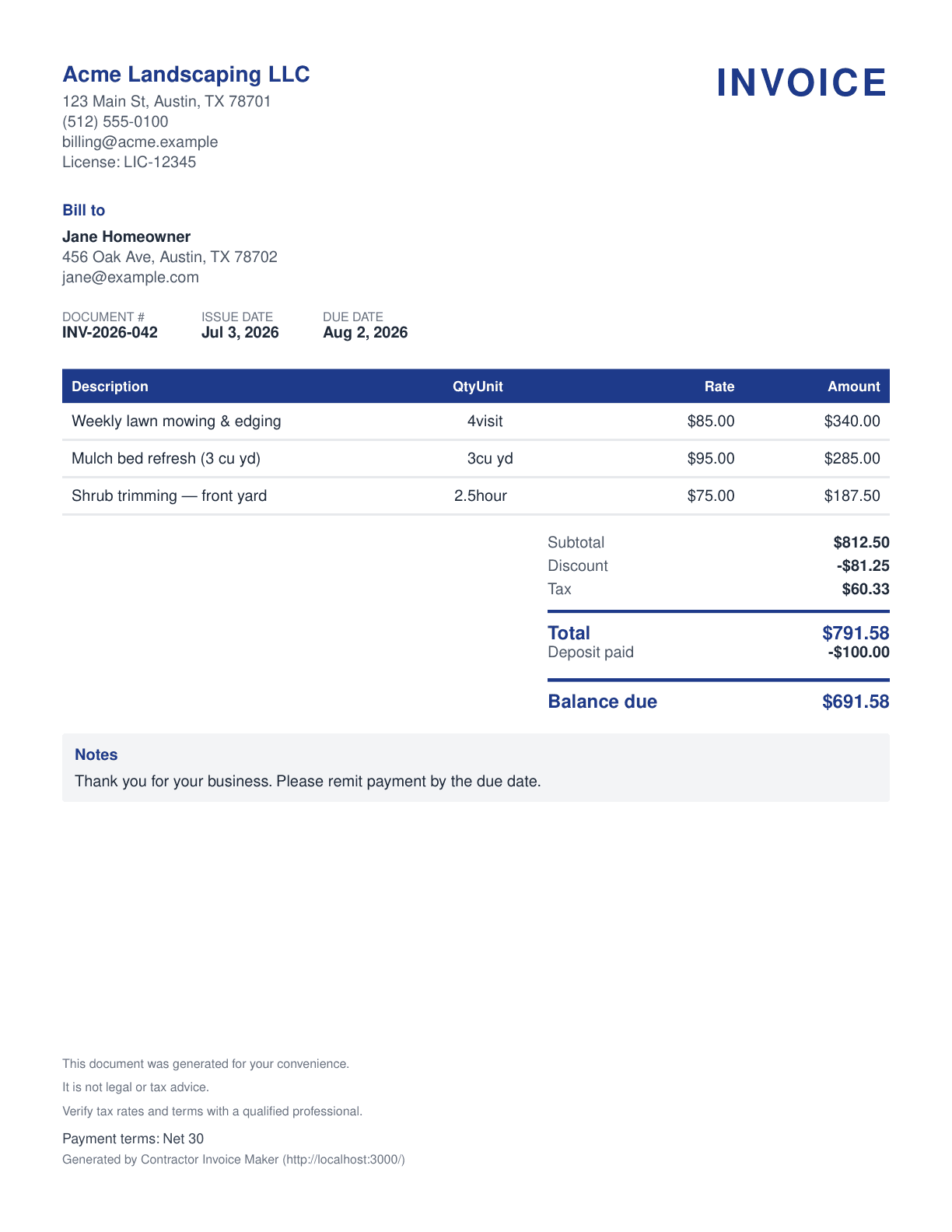 Sample Landscaping invoice PDF — Classic template